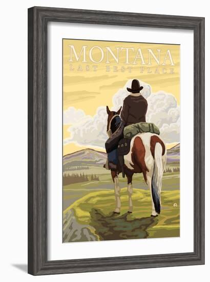 Montana, Last Best Place, Cowboy on Horseback-Lantern Press-Framed Art Print