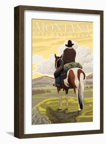 Montana, Last Best Place, Cowboy on Horseback-Lantern Press-Framed Art Print