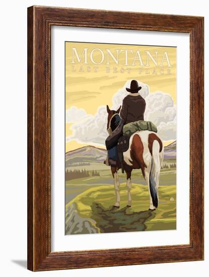 Montana, Last Best Place, Cowboy on Horseback-Lantern Press-Framed Art Print