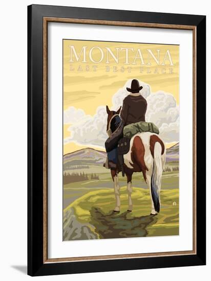 Montana, Last Best Place, Cowboy on Horseback-Lantern Press-Framed Art Print