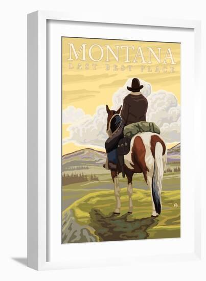 Montana, Last Best Place, Cowboy on Horseback-Lantern Press-Framed Art Print