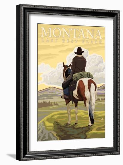 Montana, Last Best Place, Cowboy on Horseback-Lantern Press-Framed Art Print