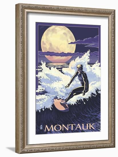 Montauk, New York - Night Surfer-Lantern Press-Framed Art Print