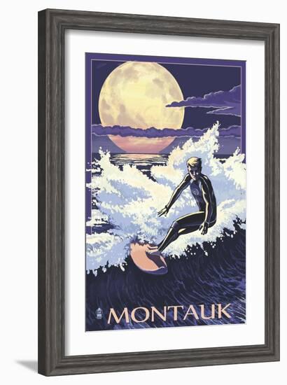 Montauk, New York - Night Surfer-Lantern Press-Framed Art Print