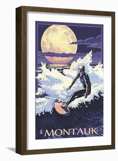 Montauk, New York - Night Surfer-Lantern Press-Framed Art Print