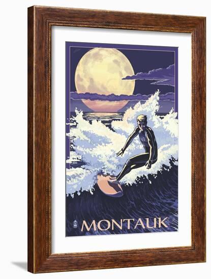 Montauk, New York - Night Surfer-Lantern Press-Framed Art Print