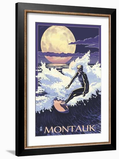 Montauk, New York - Night Surfer-Lantern Press-Framed Art Print