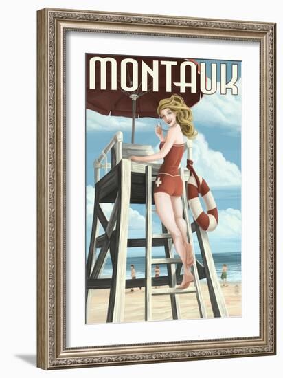 Montauk, New York - Pinup Girl Lifeguard-Lantern Press-Framed Art Print