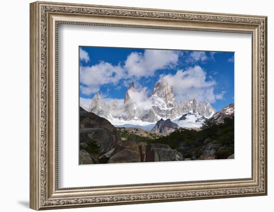 Monte Fitz Roy framed by rocks and trees near Arroyo del Salto in Patagonia, Argentina, South Ameri-Fernando Carniel Machado-Framed Photographic Print