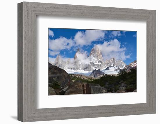 Monte Fitz Roy framed by rocks and trees near Arroyo del Salto in Patagonia, Argentina, South Ameri-Fernando Carniel Machado-Framed Photographic Print