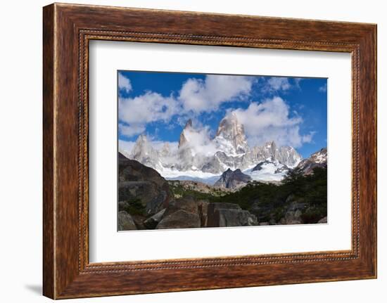 Monte Fitz Roy framed by rocks and trees near Arroyo del Salto in Patagonia, Argentina, South Ameri-Fernando Carniel Machado-Framed Photographic Print