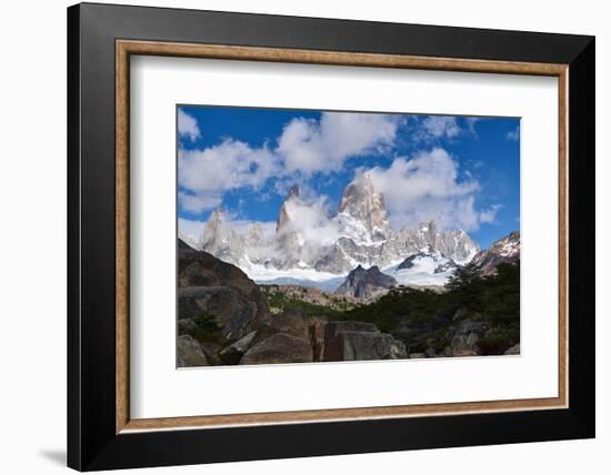 Monte Fitz Roy framed by rocks and trees near Arroyo del Salto in Patagonia, Argentina, South Ameri-Fernando Carniel Machado-Framed Photographic Print