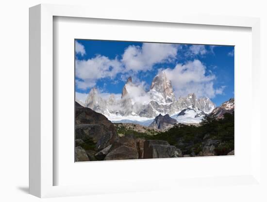 Monte Fitz Roy framed by rocks and trees near Arroyo del Salto in Patagonia, Argentina, South Ameri-Fernando Carniel Machado-Framed Photographic Print