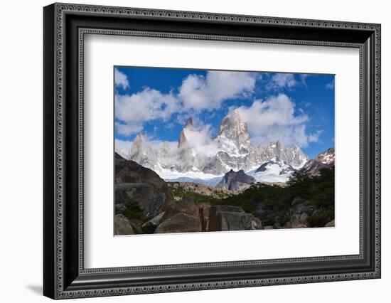 Monte Fitz Roy framed by rocks and trees near Arroyo del Salto in Patagonia, Argentina, South Ameri-Fernando Carniel Machado-Framed Photographic Print