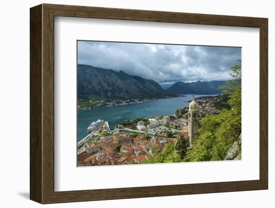 Montenegro, Kotor. Cruise ship in city harbor.-Jaynes Gallery-Framed Photographic Print
