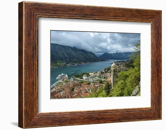 Montenegro, Kotor. Cruise ship in city harbor.-Jaynes Gallery-Framed Photographic Print