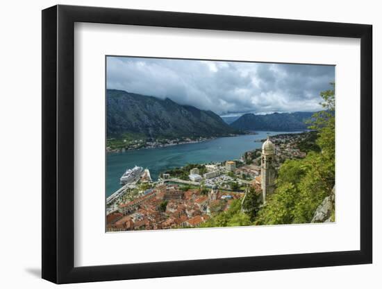 Montenegro, Kotor. Cruise ship in city harbor.-Jaynes Gallery-Framed Photographic Print