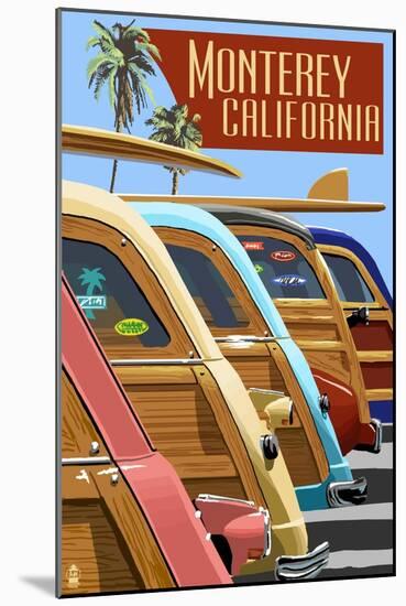 Monterey, California - Woodies Lined Up-Lantern Press-Mounted Art Print