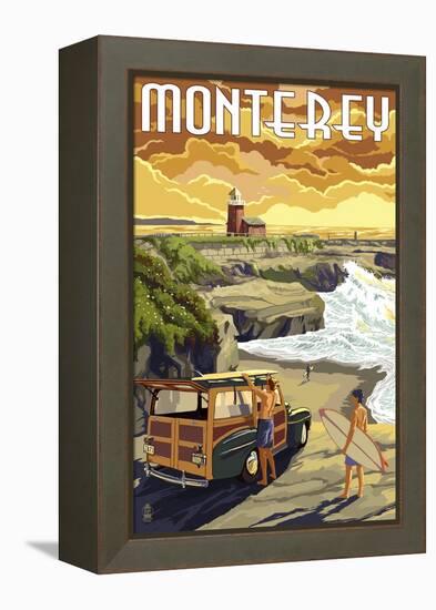 Monterey, California - Woody on Beach-Lantern Press-Framed Stretched Canvas