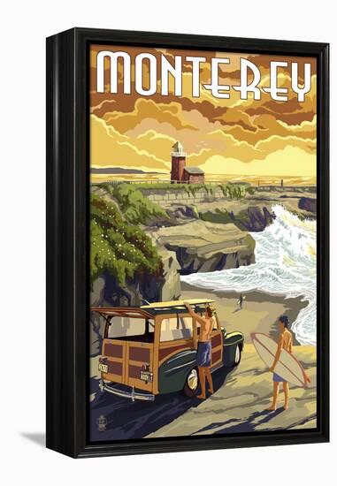 Monterey, California - Woody on Beach-Lantern Press-Framed Stretched Canvas