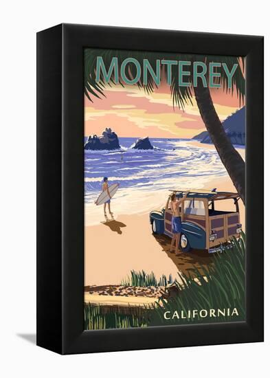 Monterey, California - Woody on Beach-Lantern Press-Framed Stretched Canvas