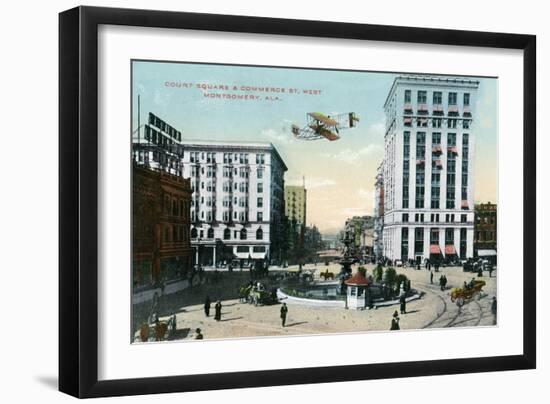 Montgomery, Alabama - Airplane Flying over Court Square, Commerce St-Lantern Press-Framed Art Print