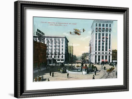 Montgomery, Alabama - Airplane Flying over Court Square, Commerce St-Lantern Press-Framed Art Print
