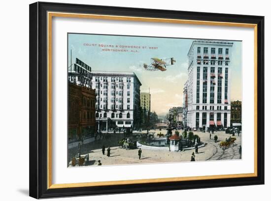 Montgomery, Alabama - Airplane Flying over Court Square, Commerce St-Lantern Press-Framed Art Print