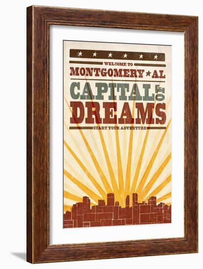 Montgomery, Alabama - Skyline and Sunburst Screenprint Style-Lantern Press-Framed Art Print