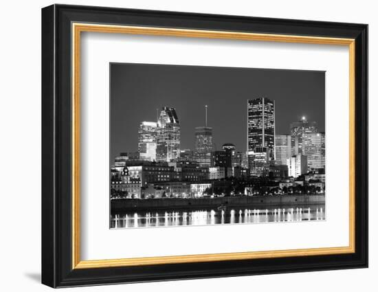 Montreal over River at Dusk with City Lights and Urban Buildings in Black and White-Songquan Deng-Framed Photographic Print