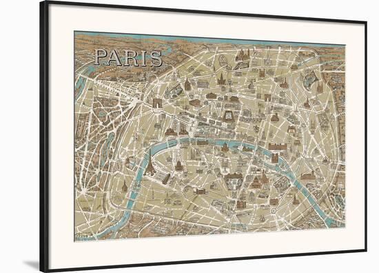 Monuments of Paris Map - Blue-Hugo Wild-Framed Art Print