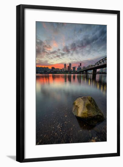 Moody Riverside Sunset, Hawthorne Bridge, Eastbank Esplande, Portland Oregon-Vincent James-Framed Photographic Print