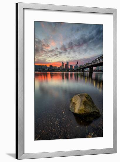 Moody Riverside Sunset, Hawthorne Bridge, Eastbank Esplande, Portland Oregon-Vincent James-Framed Photographic Print