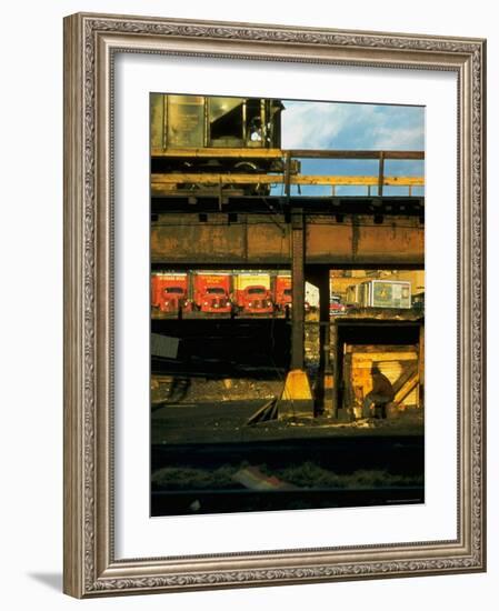 Moody Sunlight Showing Arty Grouping of Hopper Car, Rusting Elevated Span, Trucks, Etc-Walker Evans-Framed Photographic Print