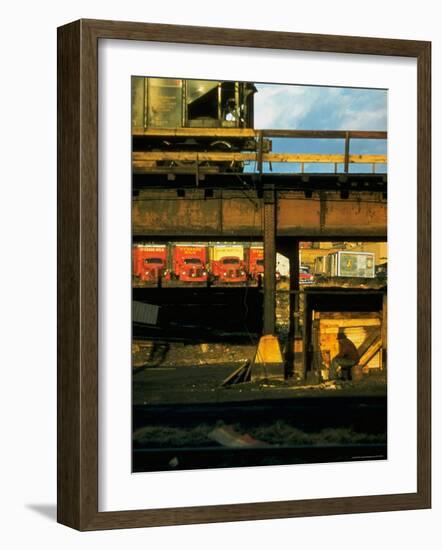 Moody Sunlight Showing Arty Grouping of Hopper Car, Rusting Elevated Span, Trucks, Etc-Walker Evans-Framed Photographic Print