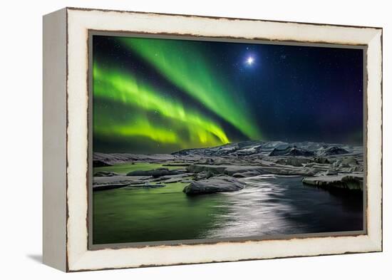 Moon and Aurora Borealis, Northern Lights with the Moon Illuminating the Skies and Icebergs-null-Framed Premier Image Canvas