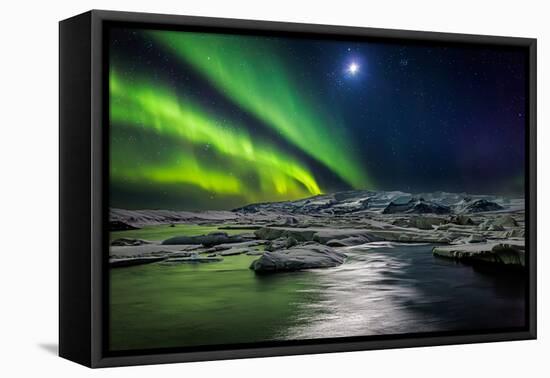 Moon and Aurora Borealis, Northern Lights with the Moon Illuminating the Skies and Icebergs-null-Framed Premier Image Canvas