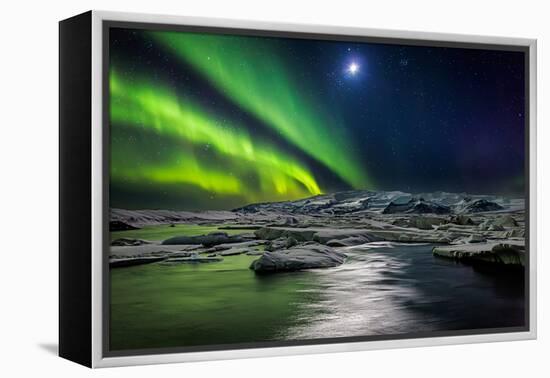 Moon and Aurora Borealis, Northern Lights with the Moon Illuminating the Skies and Icebergs-null-Framed Premier Image Canvas