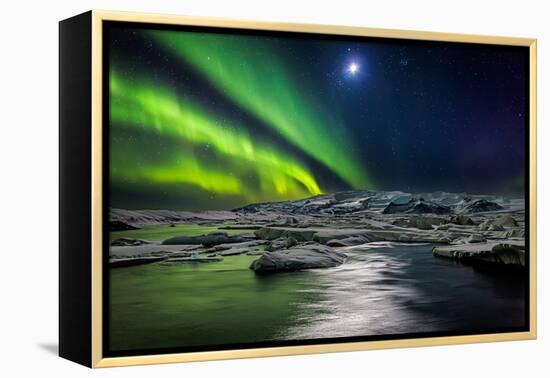 Moon and Aurora Borealis, Northern Lights with the Moon Illuminating the Skies and Icebergs-null-Framed Premier Image Canvas