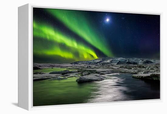 Moon and Aurora Borealis, Northern Lights with the Moon Illuminating the Skies and Icebergs-null-Framed Premier Image Canvas