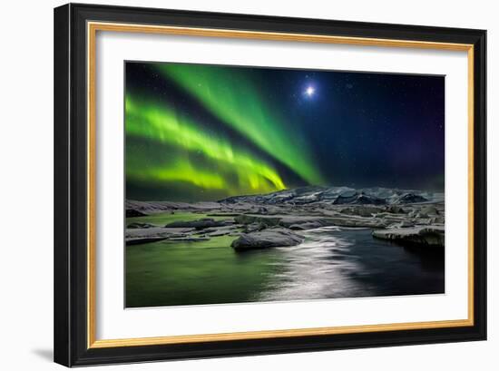 Moon and Aurora Borealis, Northern Lights with the Moon Illuminating the Skies and Icebergs-null-Framed Photographic Print