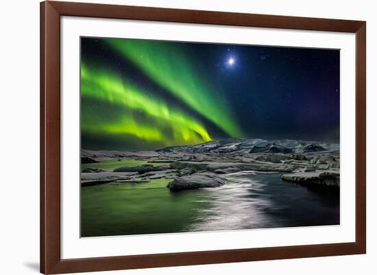 Moon and Aurora Borealis, Northern Lights with the Moon Illuminating the Skies and Icebergs-null-Framed Photographic Print