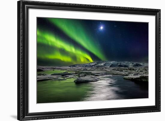 Moon and Aurora Borealis, Northern Lights with the Moon Illuminating the Skies and Icebergs-null-Framed Photographic Print