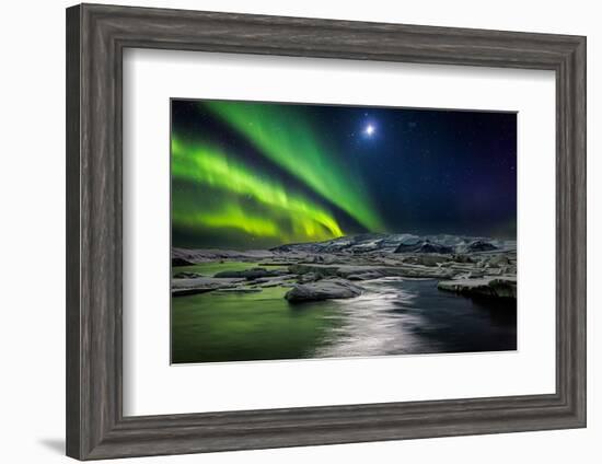 Moon and Aurora Borealis, Northern Lights with the Moon Illuminating the Skies and Icebergs-null-Framed Photographic Print