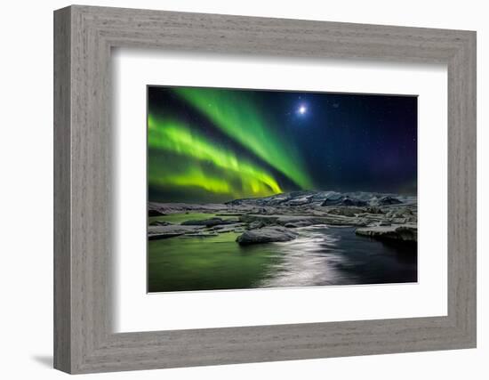 Moon and Aurora Borealis, Northern Lights with the Moon Illuminating the Skies and Icebergs-null-Framed Photographic Print