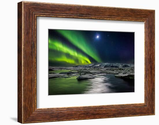 Moon and Aurora Borealis, Northern Lights with the Moon Illuminating the Skies and Icebergs-null-Framed Photographic Print