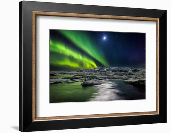 Moon and Aurora Borealis, Northern Lights with the Moon Illuminating the Skies and Icebergs-null-Framed Photographic Print