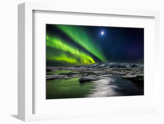 Moon and Aurora Borealis, Northern Lights with the Moon Illuminating the Skies and Icebergs-null-Framed Photographic Print