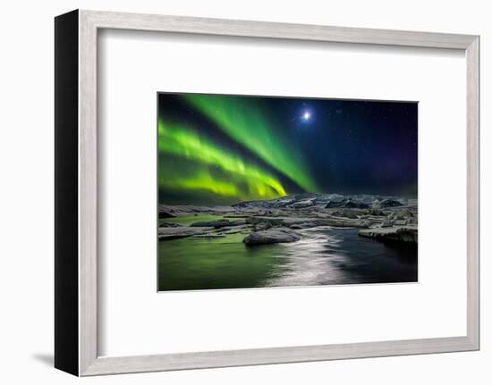 Moon and Aurora Borealis, Northern Lights with the Moon Illuminating the Skies and Icebergs-null-Framed Photographic Print