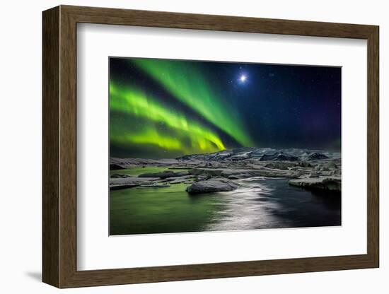 Moon and Aurora Borealis, Northern Lights with the Moon Illuminating the Skies and Icebergs-null-Framed Premium Photographic Print